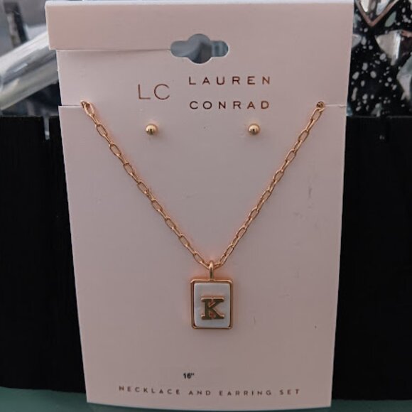 LC LAUREN CONRAD 2pc SET Gold Mother of Pearl 'K' Initial Necklace/Stud Earrings - Picture 2 of 4